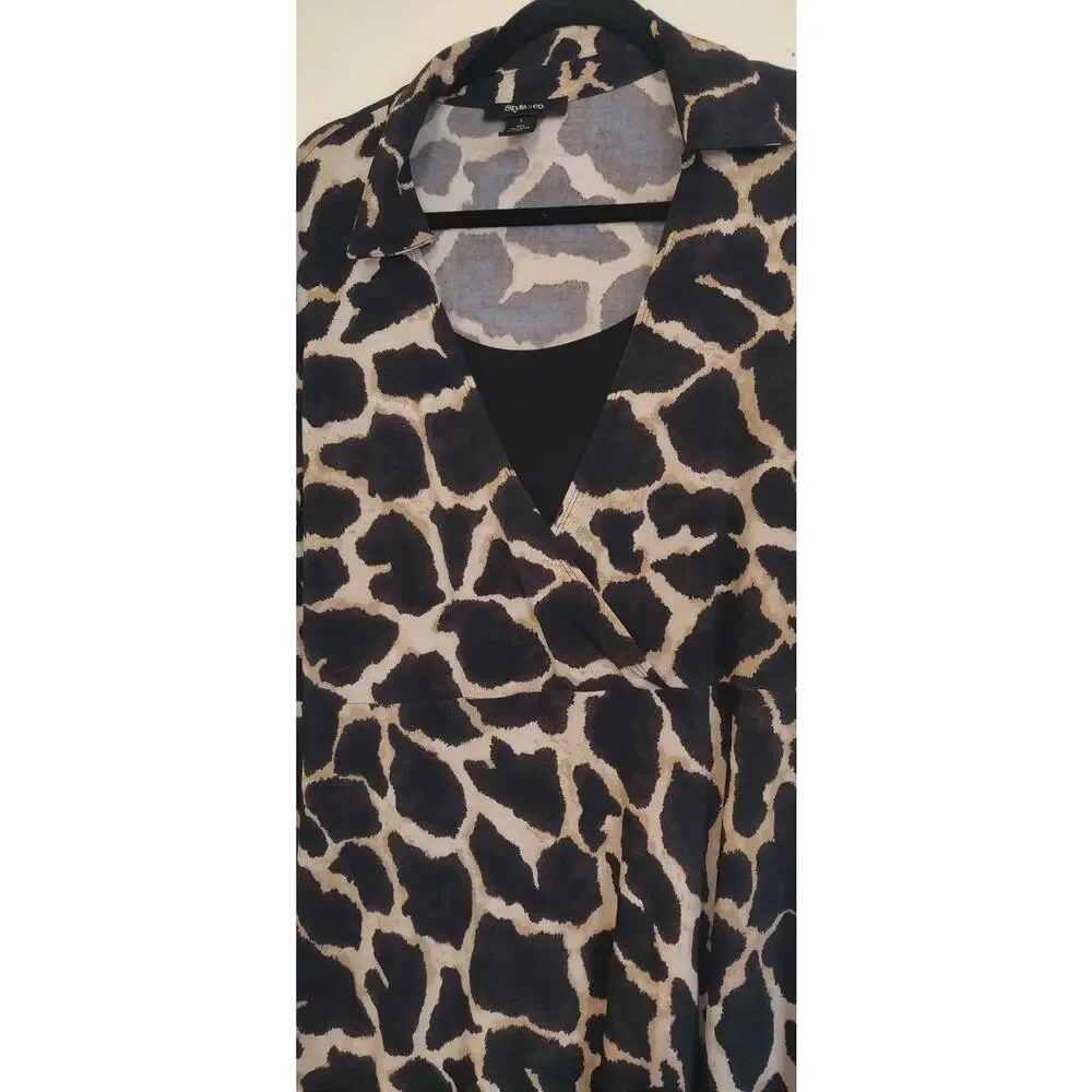 Style & Co Giraffe Print Dress Sz L Safari Pullover Stretchy Unlined Animal